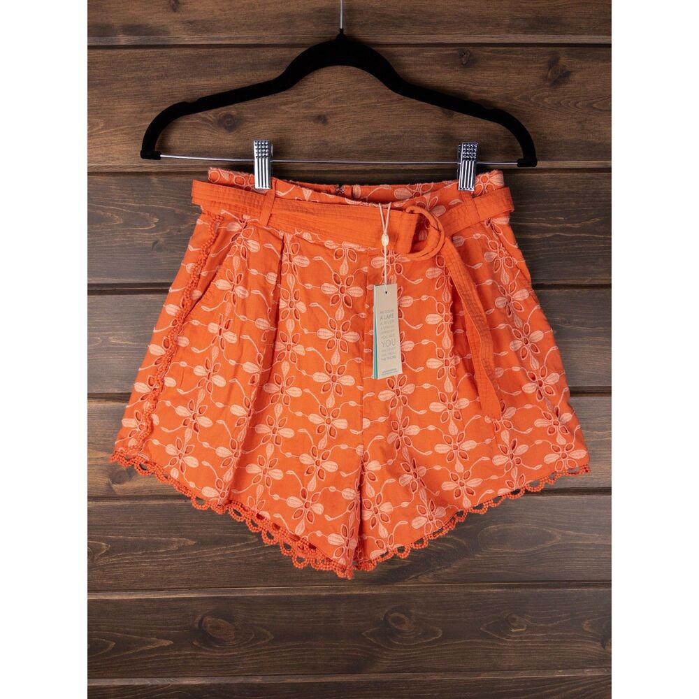 Shore Brand Lena Belted Eyelet Shorts Bright Orange XS NWT Scalloped Hem